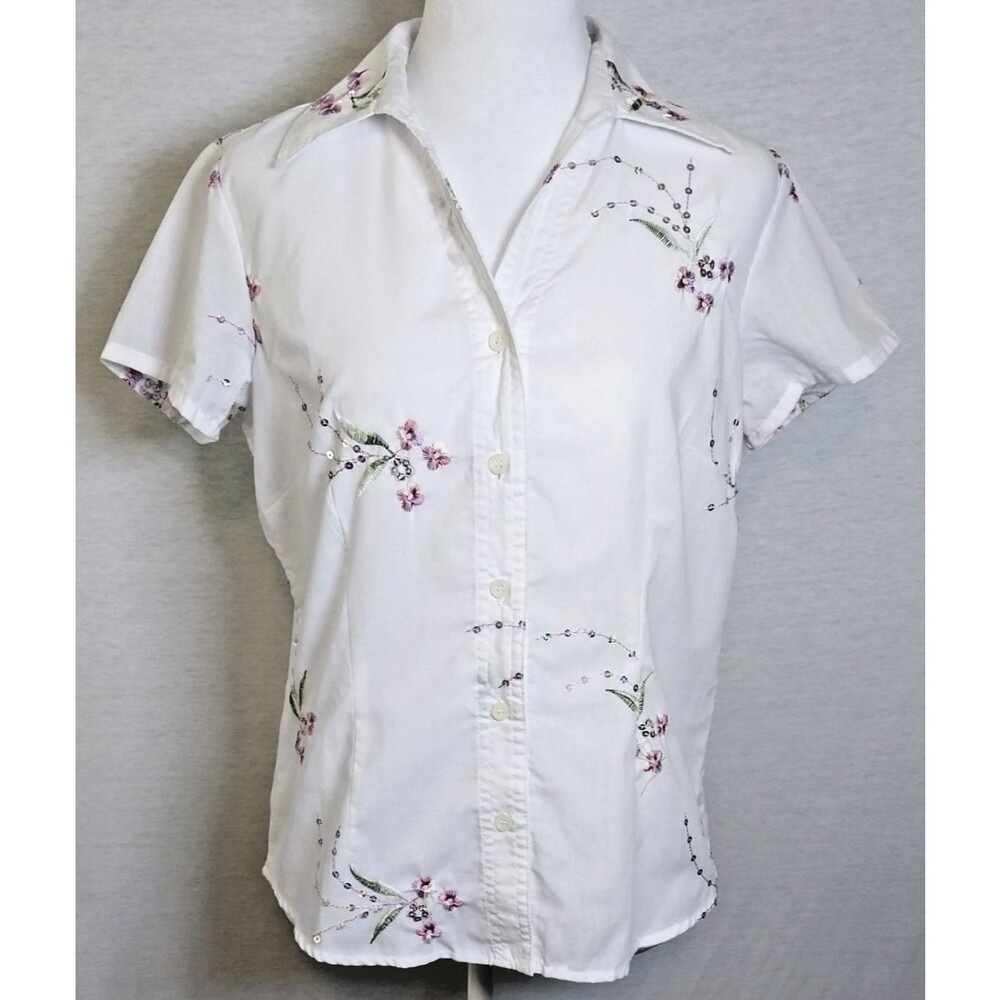 Lemon Grass Studio Womens Small Embroidered Sequin Floral Button Down Shirt